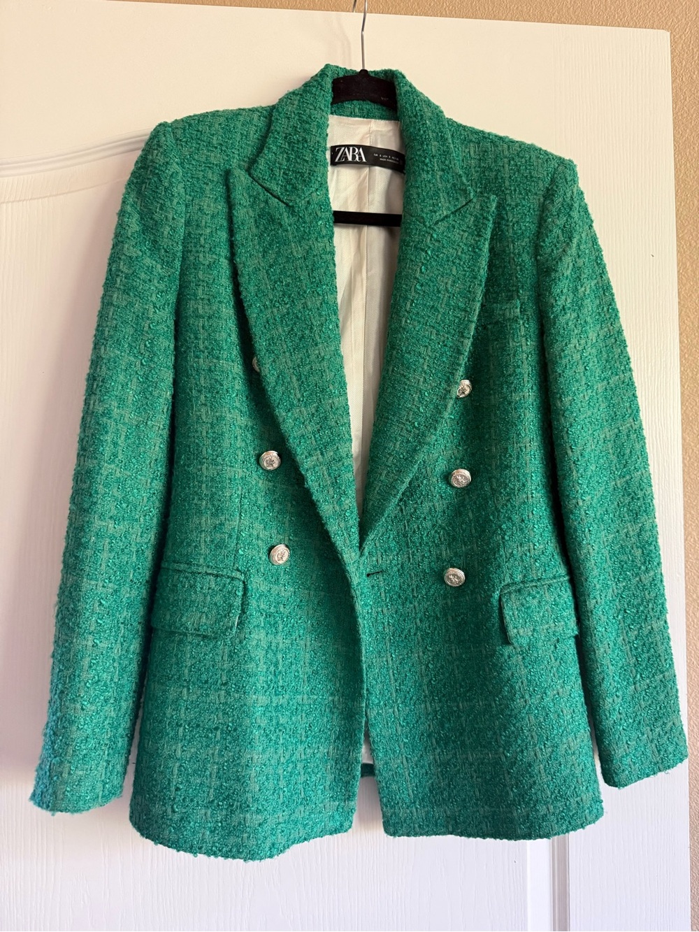 Zara Emerald Green Double-Breasted Tweed Blazer